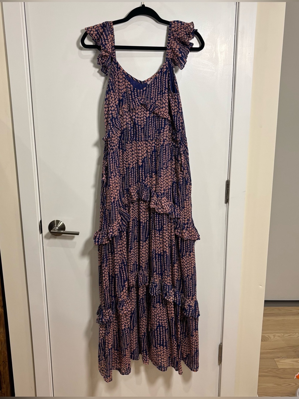 Banjanan Blue Pink Block Print Ruffle Maxi Dress Size L Cotton Boho
